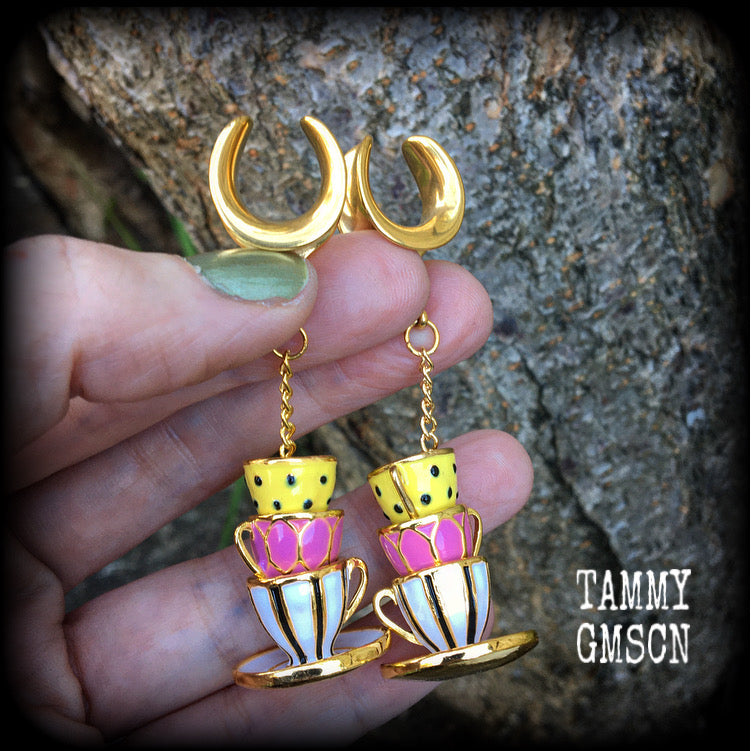 Enamel teacup gauged earrings