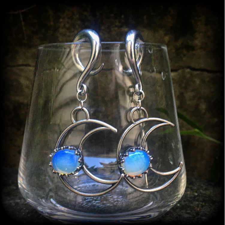 Crescent moon and opalite gauged earrings