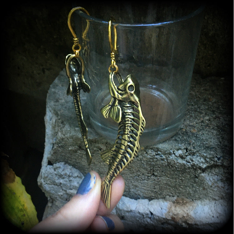 Barracuda skeleton earrings-Fish skeleton ear hangers