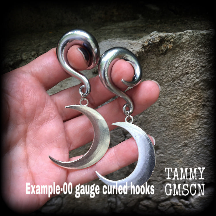 Crescent moon earrings for stretched lobes 0 gauge ear weights Moon ear hangers Moon gauged earrings 6g 2g 0g 00g 1/2&quot; 9/16 5/8 3/4 7/8 1 1.1 1.18 8mm earrings Stretched lobes gauged ears Witchy earrings Black Friday jewellery Halloween