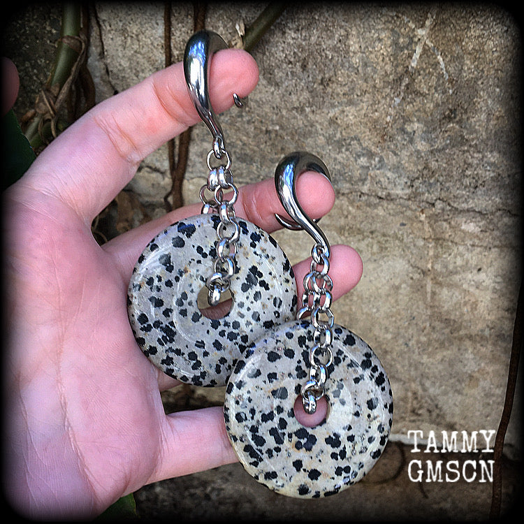 These Dalmatian Jasper gauged earrings have been made with chunky antique silver chain, measuring just under 10cms from tip to tip, and weighing 42 grams each

This pair has been made with 0 gauge (8mm) surgical steel full curls, for stretched lobes.