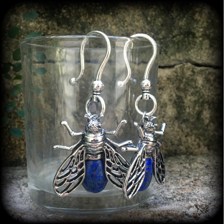 Lapis Lazuli insect earrings-Gemstone ear hangers