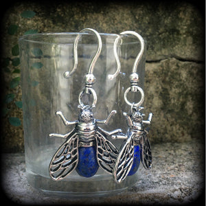 Lapis Lazuli insect earrings-Gemstone ear hangers