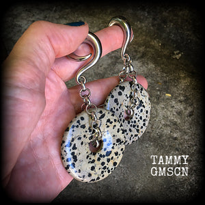 These Dalmatian Jasper gauged earrings have been made with chunky antique silver chain, measuring just under 10cms from tip to tip, and weighing 42 grams each

This pair has been made with 0 gauge (8mm) surgical steel full curls, for stretched lobes.