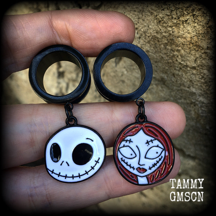 Jack and Sally tunnel earrings-Halloween earrings