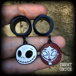 Jack and Sally tunnel earrings-Halloween earrings