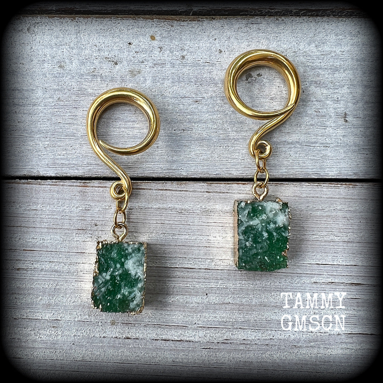 Deep green druzy gauged earrings