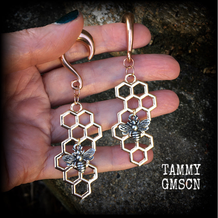 Beehive gauged earrings-Honeycomb earrings