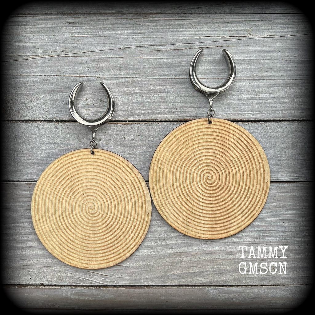 Tribal spiral wood disc earrings-Gauged earrings