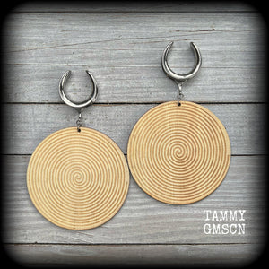 Tribal spiral wood disc earrings-Gauged earrings