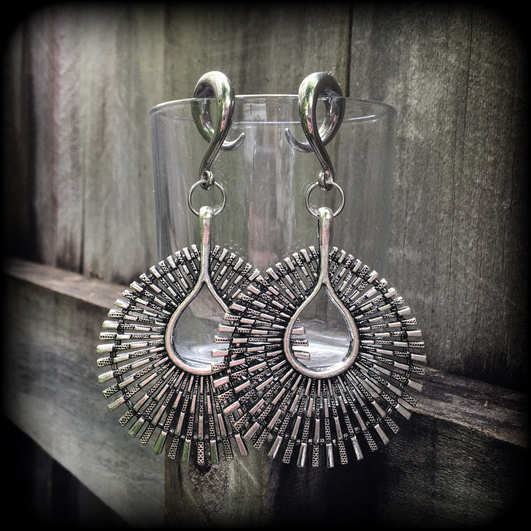 Antique silver Ishtar gauged earrings-Starburst ear weights