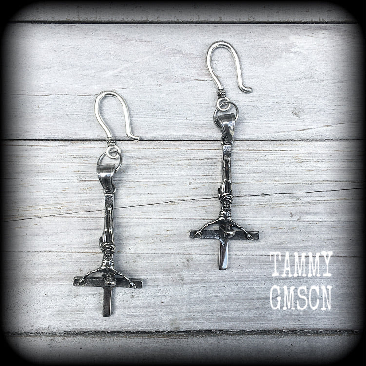 Inverted cross earrings-Ear hangers-Satanic jewelry