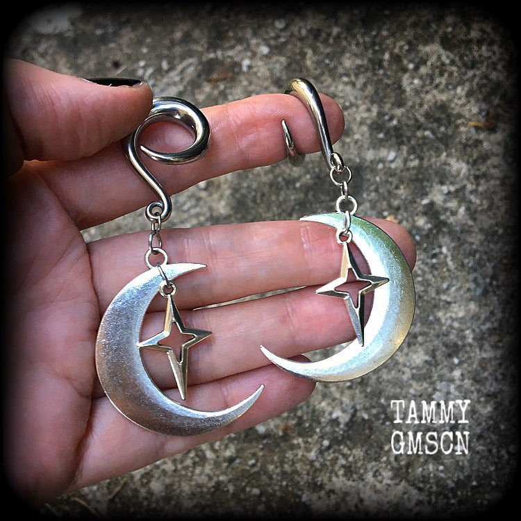 Crescent moon and star gauged earrings-MCM inspired