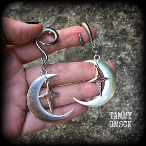 Crescent moon and star gauged earrings-MCM inspired