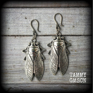 Antique silver cicada earrings-Ear hangers