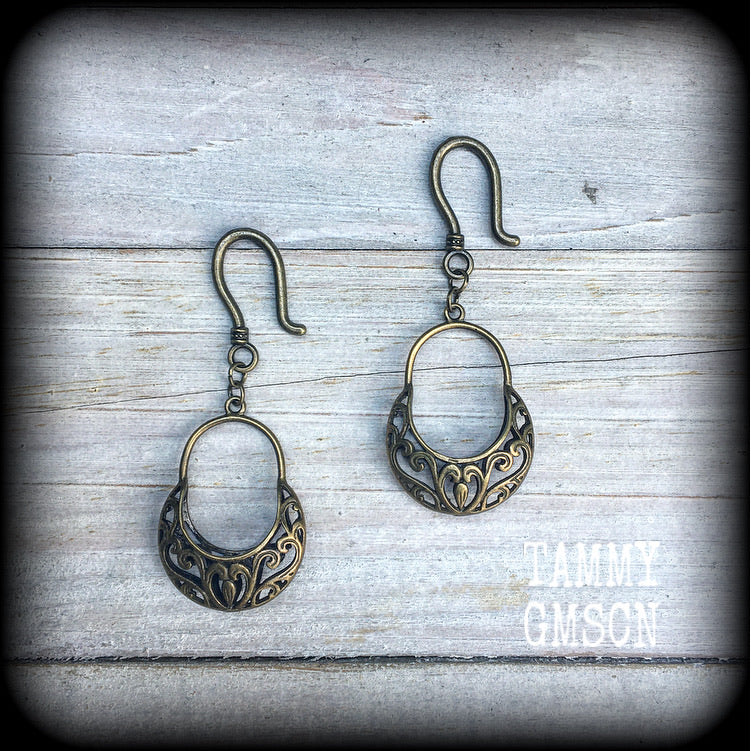 Picnic basket earrings Ornate bronze earrings 8 gauge earrings Pierced ears Tunnel dangles Tunnel earrings Ear hangers Gauged earrings