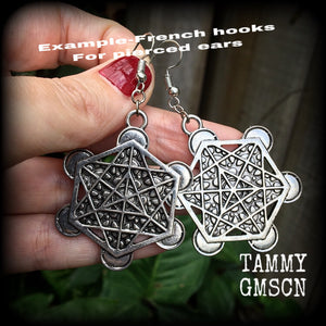 Metatrons cube earrings Geometric earrings Ear hangers 2 gauge ear weights Pierced ears Tunnel dangles Stretched lobes Body jewelry Gauges  Archangel Metatron Meditation tools healing Protection Cleansing spells