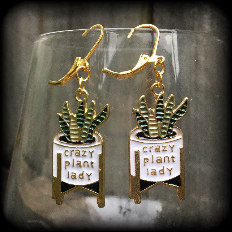 Crazy plant lady earrings Snake plant earrings Cactus jewelry Pot plants Plant jewelry Pierced ears Leverback hooks Clip ons Ear gauges Crazy plant lady jewellery Cactus earrings Nature jewelry Novelty gifts Stocking stuffers Christmas gifts