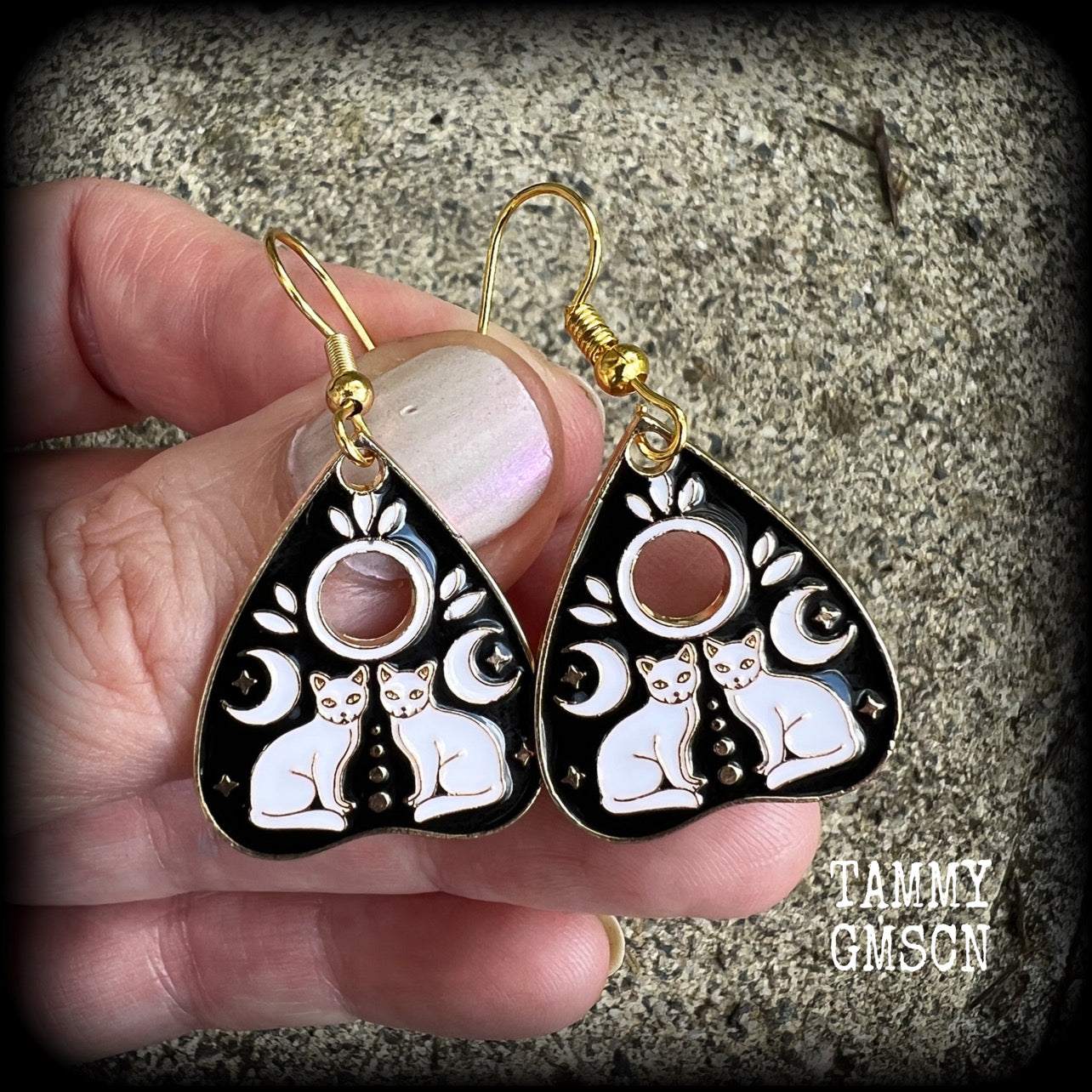 Occult cat and crescent moon ouija planchette earrings