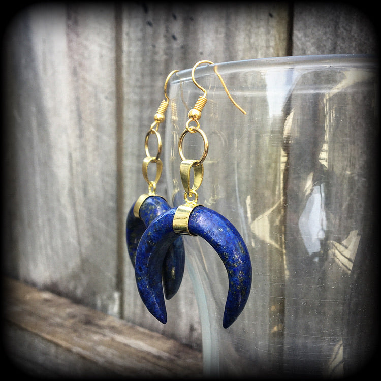 Lapis Lazuli double horn earrings-Gemstone earrings