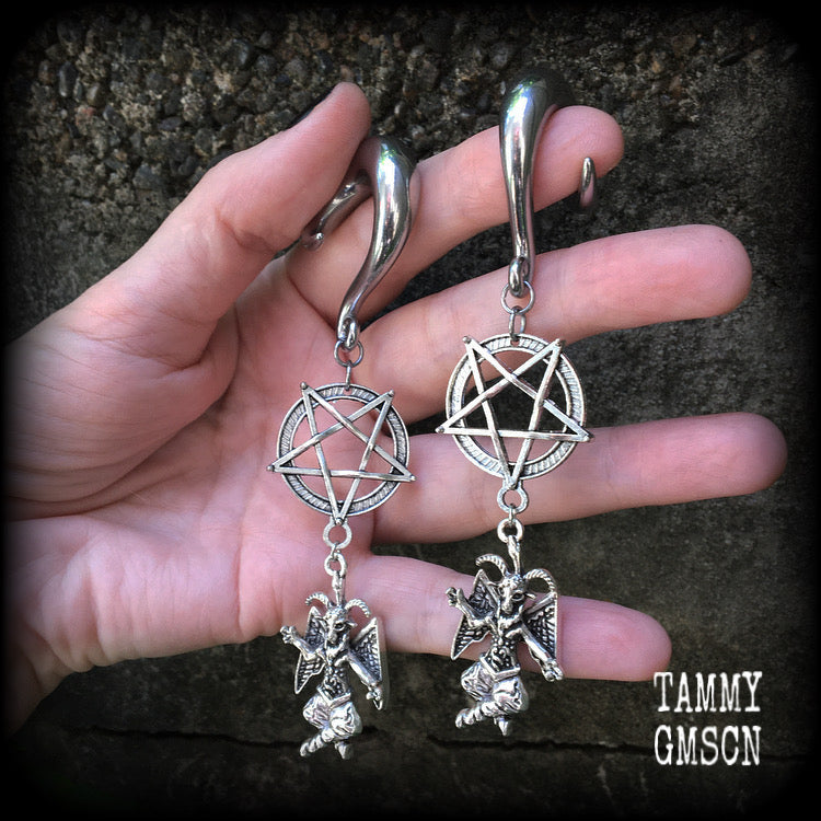Baphomet and inverted pentagram gauged earrings