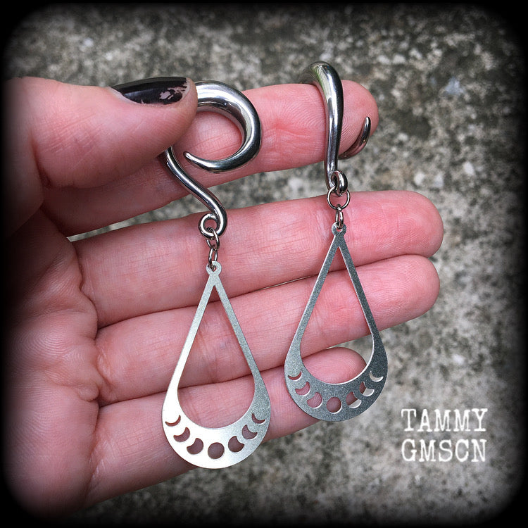 These gorgeous earrings feature stainless steel tear drop moon phase charms, measuring just on 7cms from tip to tip, and weighing only 8 grams each, not too heavy.

These gauged earrings have been made on 2 gauge (6mm) surgical steel full curl hooks, to be worn in stretched lobes.