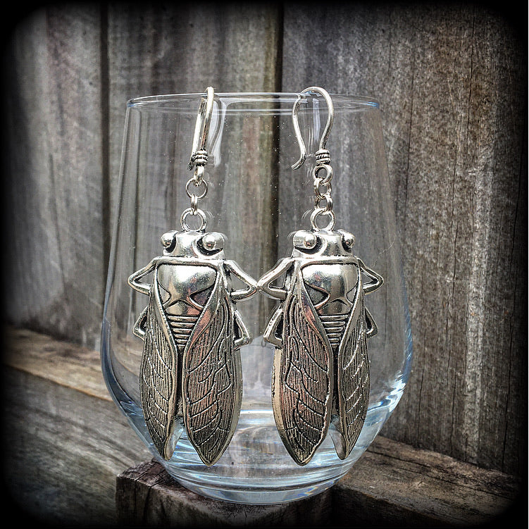 Antique silver cicada earrings-Ear hangers