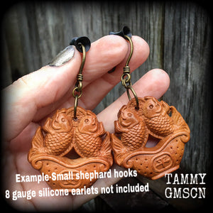 Koi fish earrings-Carved wood earrings