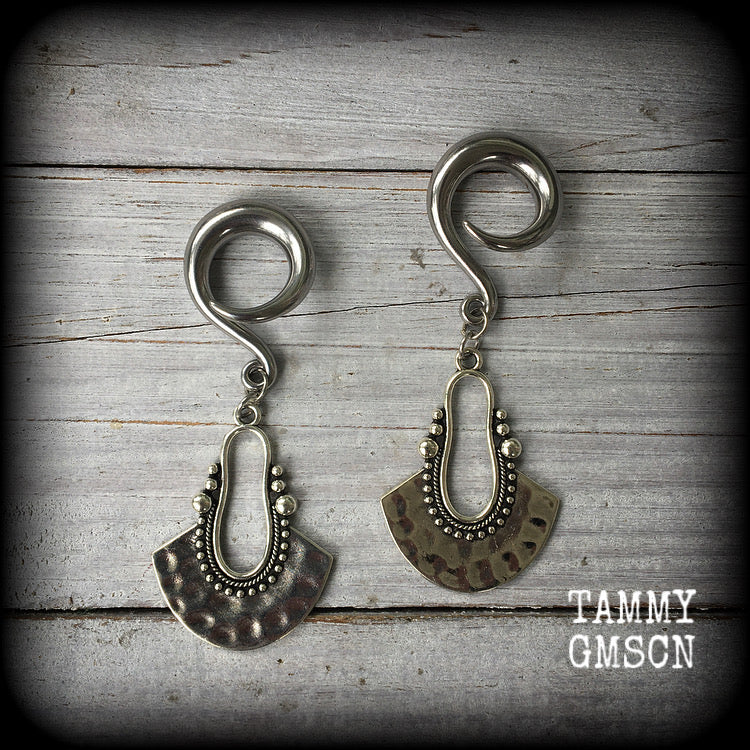 Tribal ear weights Artemis 2 gauge ear weights Antique silver half disc ear hangers Mandala Body jewelry 6g 2g 0g 00g 1/2” 9/16” 5/8” 1” 1.10" 1.18" Body jewelry Boho earrings Gypsy earrings Moss goth Gauged earings Stretched ears Stretched lobes