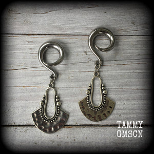 Tribal ear weights Artemis 2 gauge ear weights Antique silver half disc ear hangers Mandala Body jewelry 6g 2g 0g 00g 1/2” 9/16” 5/8” 1” 1.10" 1.18" Body jewelry Boho earrings Gypsy earrings Moss goth Gauged earings Stretched ears Stretched lobes