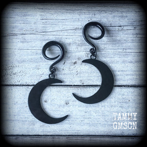 Crescent moon earrings-Black moon gauged earrings