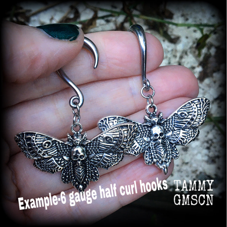 Deathshead moth earrings Deaths head moth earrings Deathshead moth ear weights Deathsheath moth ear hangers Dreadpunk Flowerpunk Cottagecore earrings Fairycore Gauged ears Stretched ears 4mm 6mm 8mm 10mm 12mm 14mm 16mm 19mm 22mm 25mm 28mm 30mm 