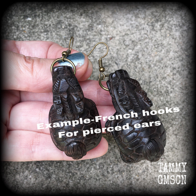 Dragon turtle earrings-Carved wood earrings