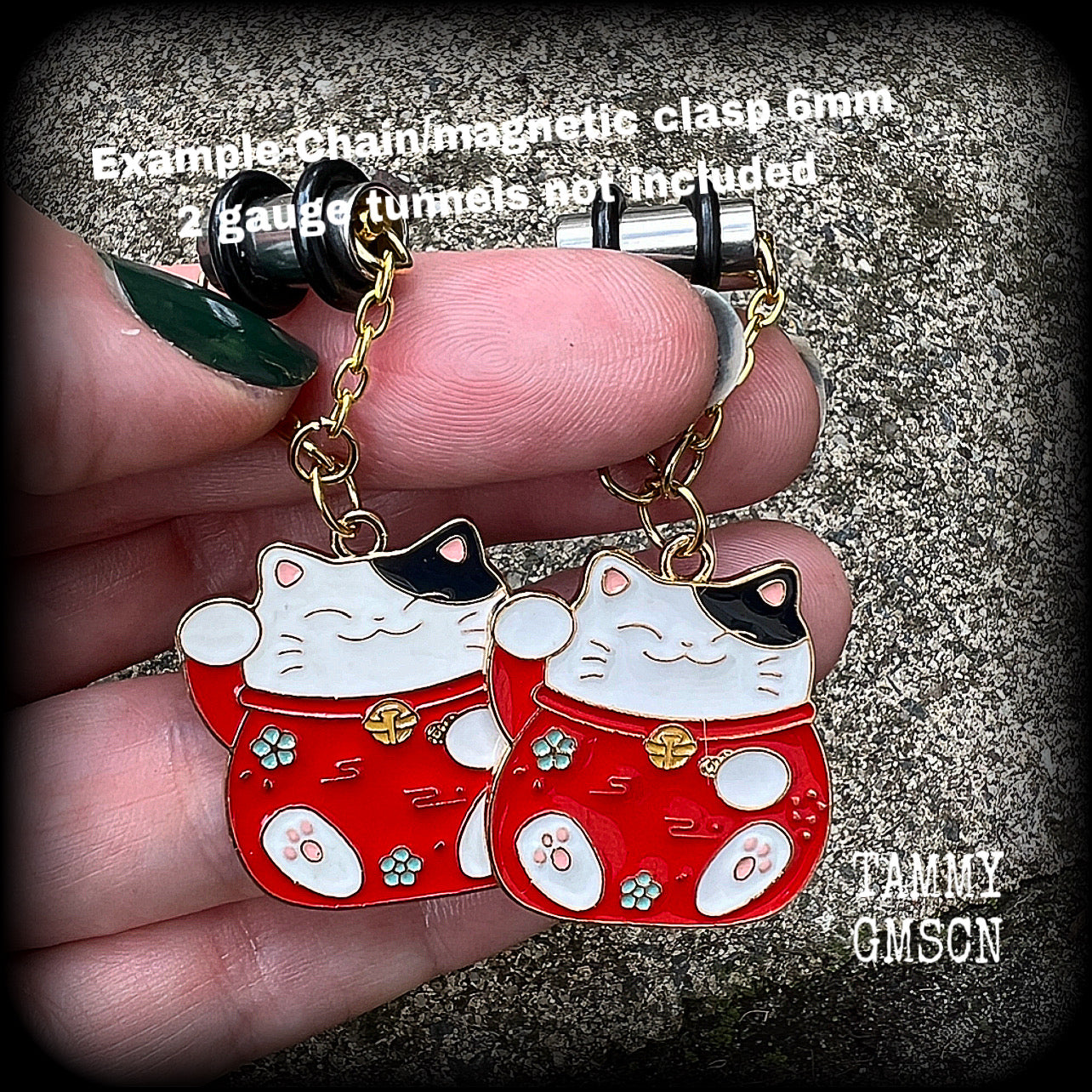 Maneki Neko earrings-Japanese cat tunnel dangles