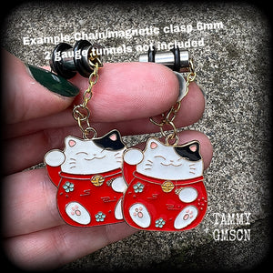 Maneki Neko earrings-Japanese cat tunnel dangles