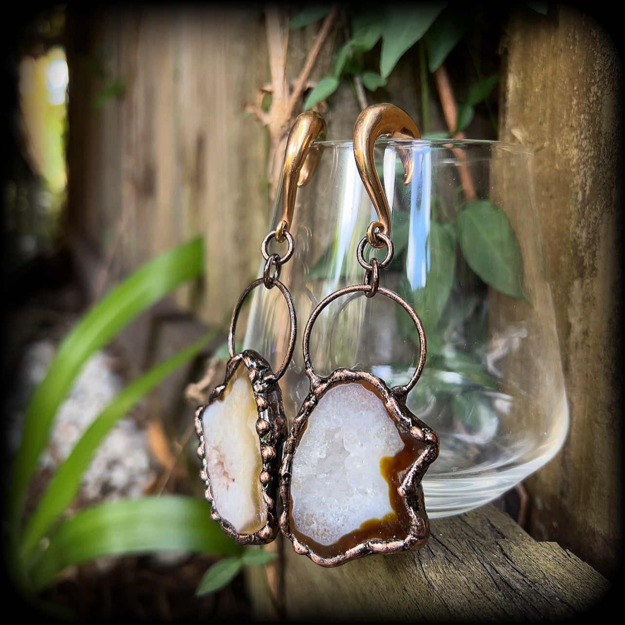 Agate geode slice gauged earrings