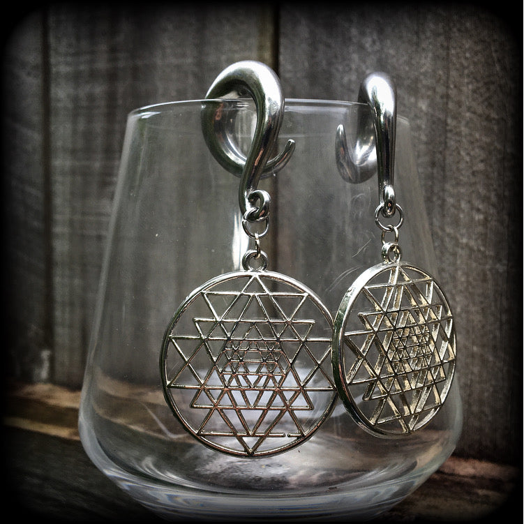 Sri Yantra gauged earrrings-Geometric ear weights