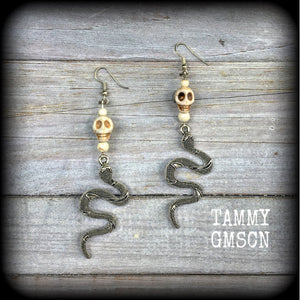 Snake and skull earrings-Damballah jewellery