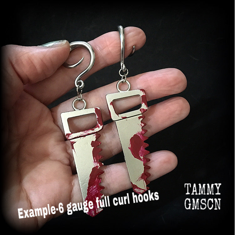 Bloodied bone saw ear hangers-Halloween earrings