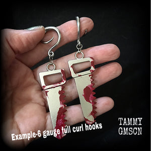 Bloodied bone saw ear hangers-Halloween earrings