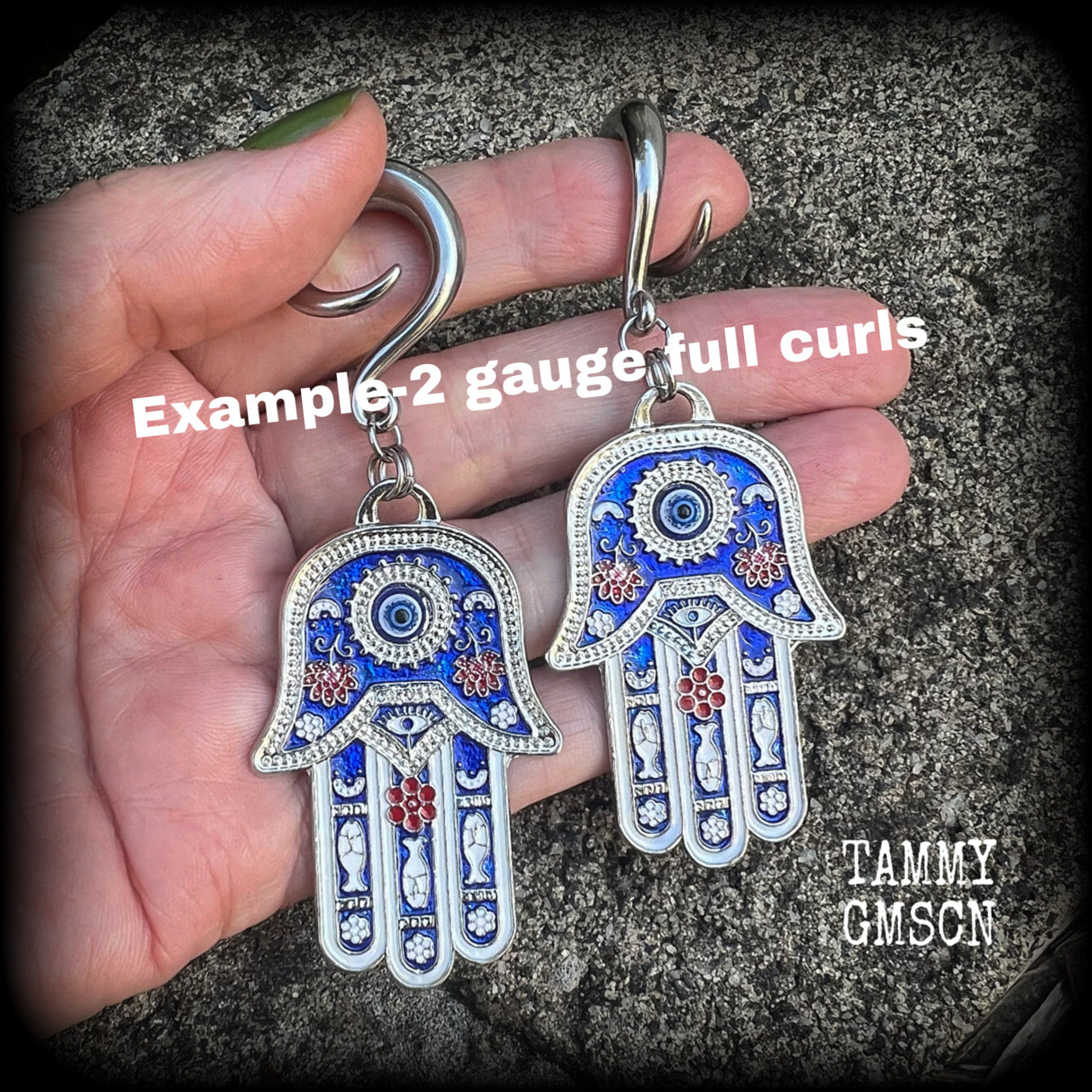These gorgeous antique silver and enamel hamsa hand gauged earrings weigh approx 17 grams each, and measure just on 9cms from tip to tip, nice and dangly.

This pair have been made on 2 gauge (6mm) surgical steel full curl hooks, to be worn in stretched lobes.