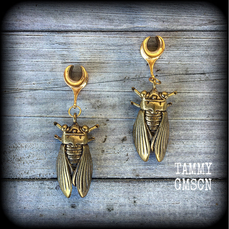 Brass cicada ear hangers Insect ear weights 0 gauge ear weights Brass ear weights Gauged earrings 6mm 8mm 10mm 12mm 14mm 16mm 19mm 22mm 25mm 28mm 30mm Stretched ears Stretched lobes Insect earrings Bugs earrings Cottagecore earrings Fairycore earring