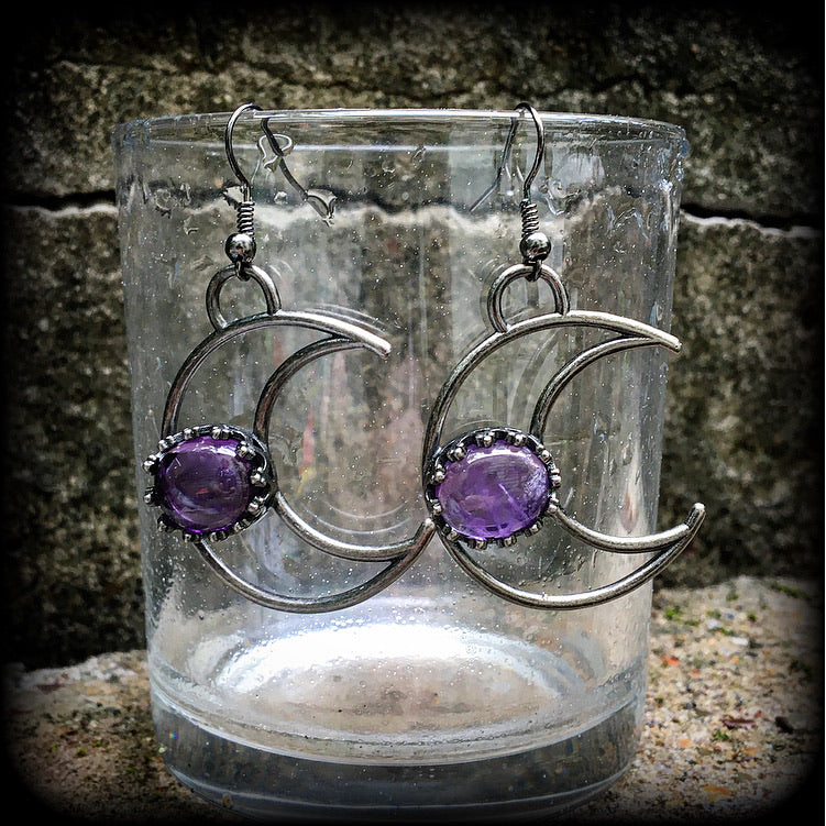 Amethyst moon earrings-Crescent moon earrings