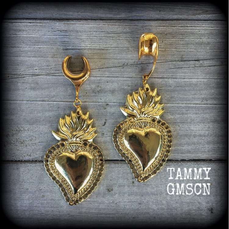 Antique gold sacred heart flaming heart ear hangers for stretched lobes, available on a range of hooks from 4mm up to 30mm.