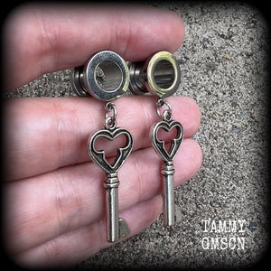 Antique silver key tunnel earrings