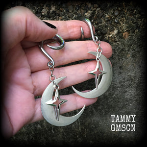 Crescent moon and star gauged earrings-MCM inspired