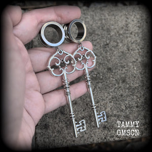 Antique silver key tunnel earrings