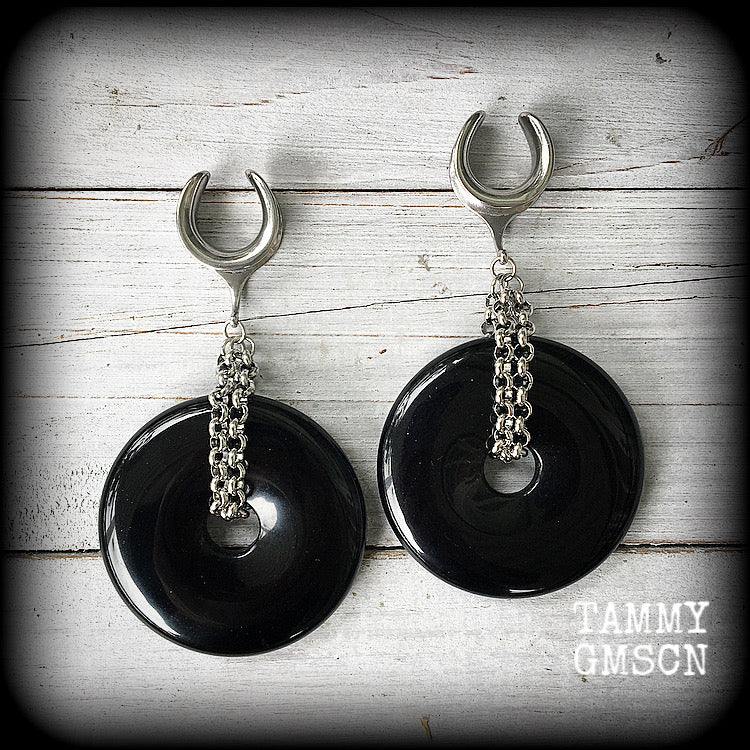 Black obsidian gauged earrings-Cradle weights