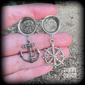 Anchor and Ships wheel tunnel earrings