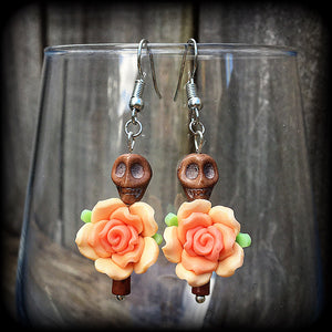 Day of the dead earrings-Skull and rose earrings